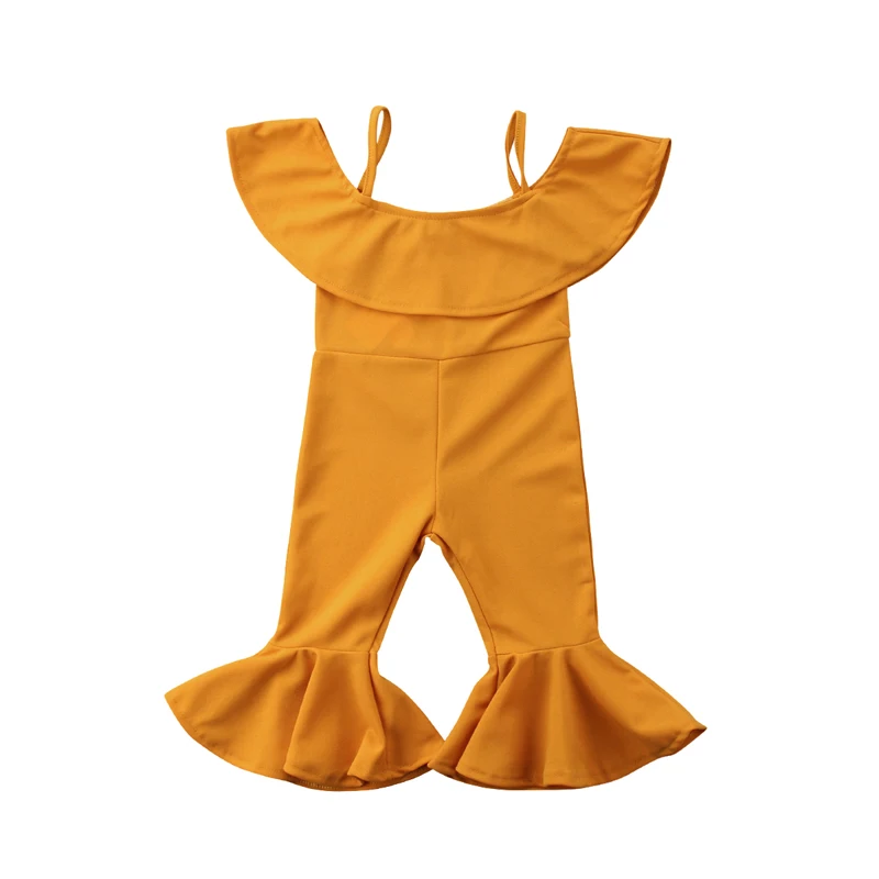 Модная одежда для маленьких девочек Комбинезон с короткими рукавами и открытыми плечами, боди, брюки с колокольчиками летняя одежда для маленьких девочек
