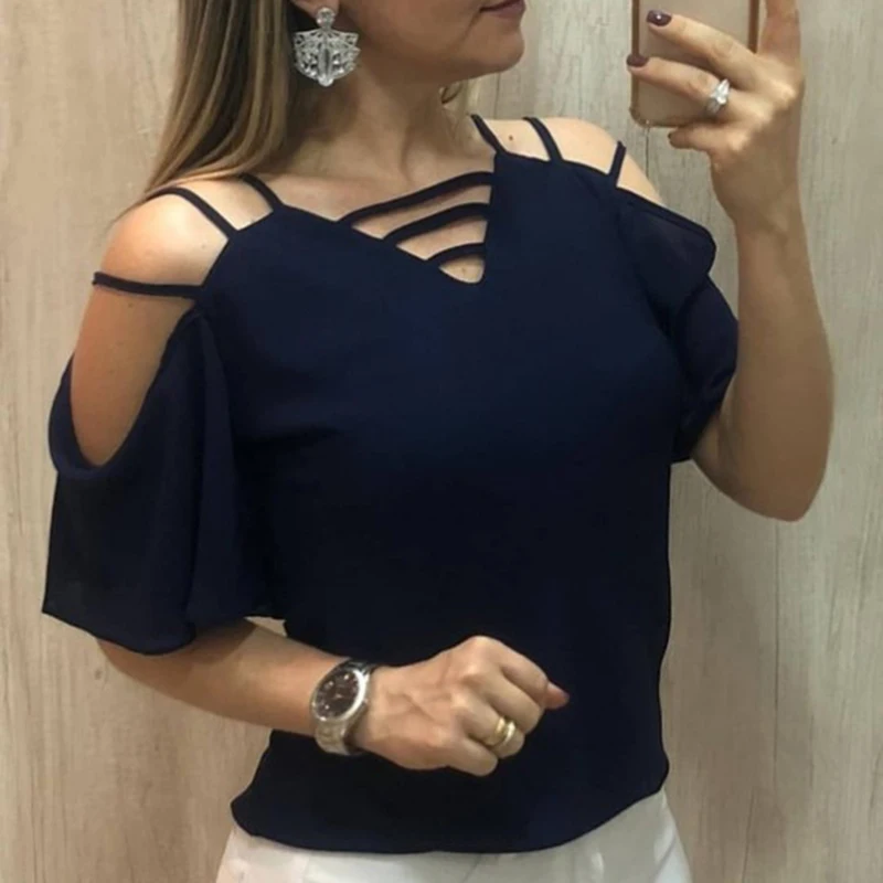 

Casual 2019 Hollow Out Women Chiffon Strap Shirt Summer Short Sleeves Solid Loose Tops Blusas Femininas SJ2000U