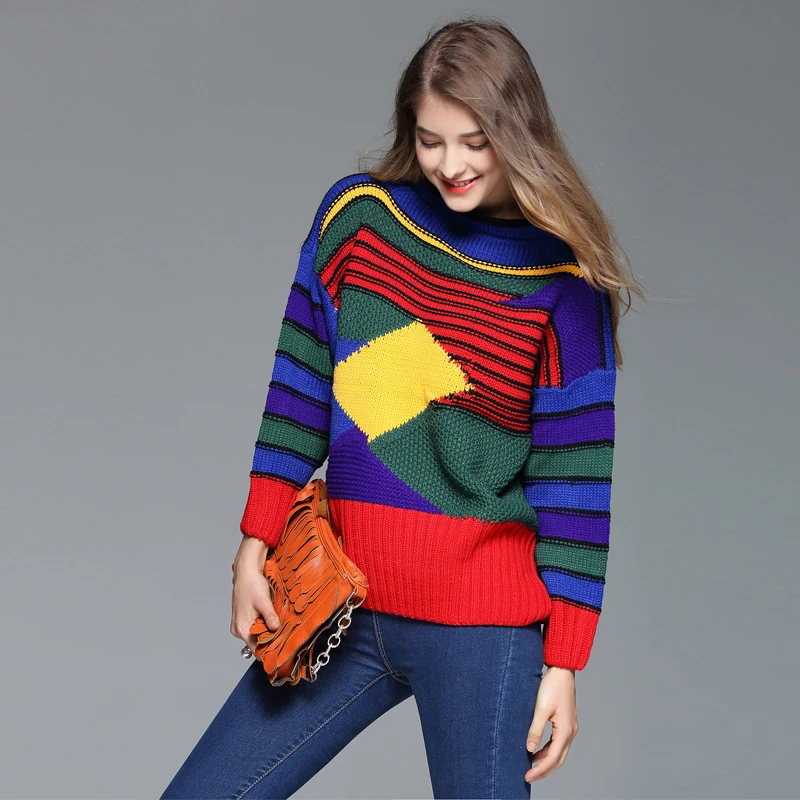 

Autumn and winter new women sweater pullovers stand neck long-sleeved warm sweater Rainbow geometric Stripe Color Sweater NS510