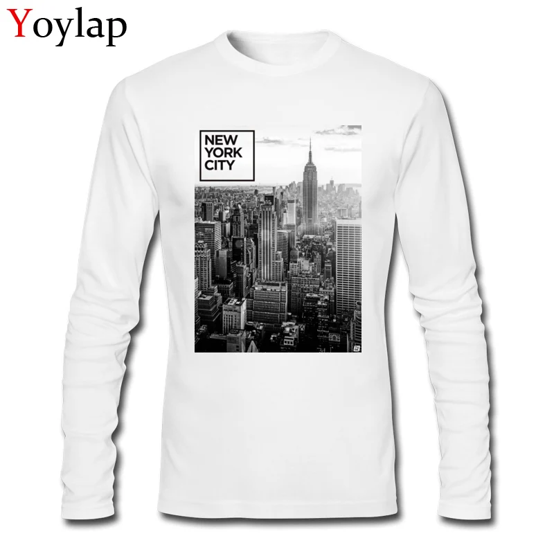 100% Cotton Tops T Shirt Printing for Boys Birthday T-shirts Leisure 2017 Crewneck Long Sleeve Tee-Shirts Top Quality New York City - Cityscape BW white