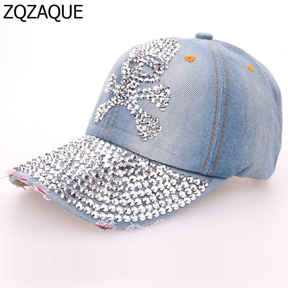 Летние блестящие ручная дрель кепки для женщин повседневные джинсовые бейсболки модные шапочки с узором черепа SY571