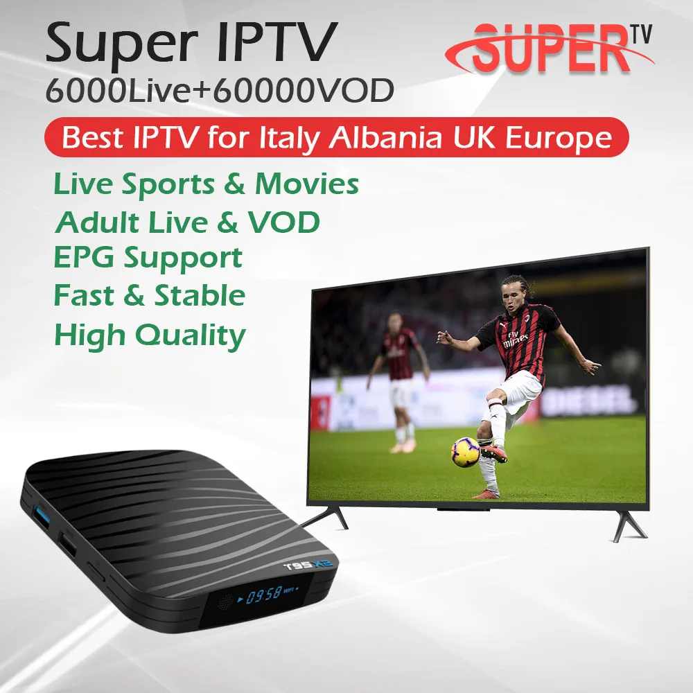

Super IPTV 6000Live 60000VOD+T95X2 Android TV Box Amlogic S905X2 Quad core 4G/32G 4K 2.4G Wifi Set Top Box Italy Germany UK IPTV