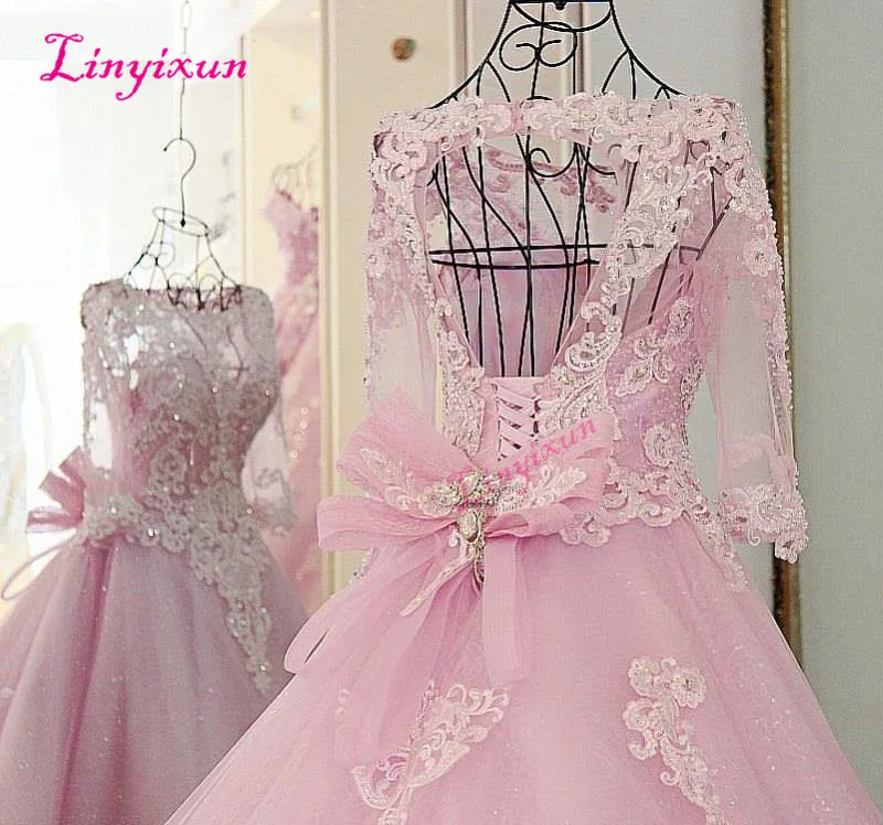 Linyixun, длинный рукав, совок, Vestidos de Noiva,, королевское розовое свадебное платье принцессы, расшитое бисером, с длинным шлейфом, свадебные платья