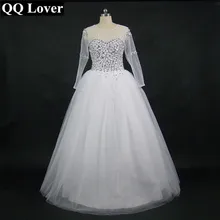 QQ Lover Wedding Dress 2017 Vestido De Noiva Long Sleeve Bridal Gown Rhinestones Pearls Crystals Ball