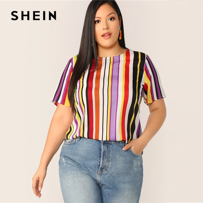 

SHEIN Plus Size Colorful Striped Print Top Blouse 2019 Women Summer Casual Multicolor Short Sleeve Round Neck Plus Blouses Shirt