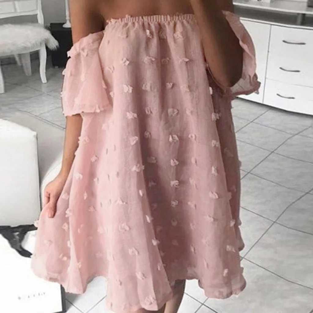 

Women's Casual Solid Wave Point Jacquard Flat Slash Neck Mini Shoulder Tube Top Sexy Loose Dress #0522