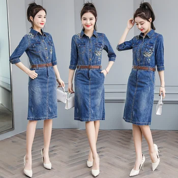 

2019 Spring New Fashion Embroidered Midi Dress Ukraine Cowboy Casual Dress Vestido De Festa Stylish Thin Women's Dresses