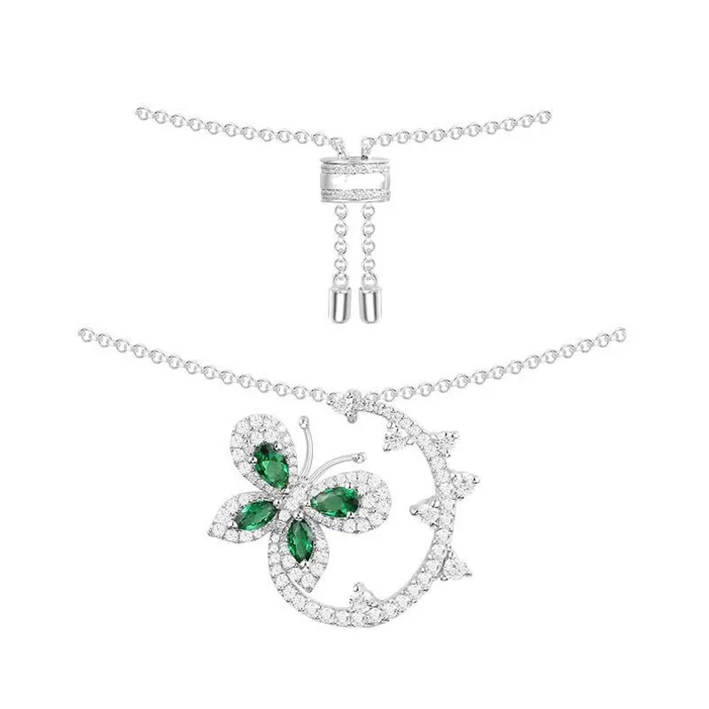 SLJELY Luxury 925 Sterling Silver Mentha Mint Green Cubic Zirconia Butterfly Flower Pendant Necklace Fine Women Brand Jewelry | Украшения и