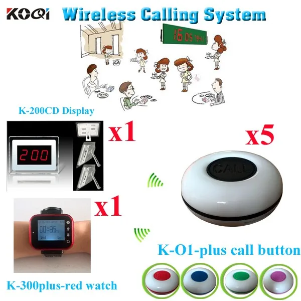 K-200CD+K-300plus-RED+O1-plus 1+1+5 Restaurant Wireless Ordering System Electronic Call Bell For Restaurant( 1pcs display with 1pcs watch and 5pcs call buzzer)