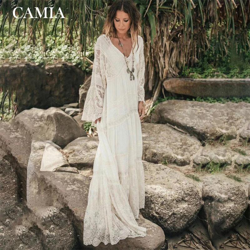 

CAMIA high quality 2019 spring and summer new fashion solid color yarn embroidery stitching V-neck lace floor dress
