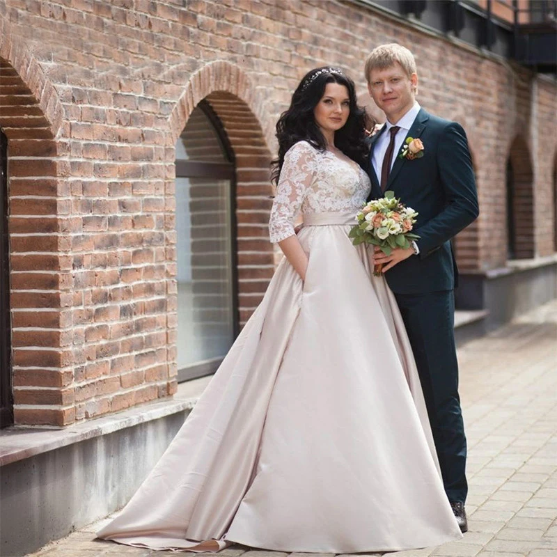 

Lace Long Sleeves Plus Size Wedding Dresses with Pockets 2019 V Neck A Line Formal Bridal Gowns Covered Buttons Sweep Train F37
