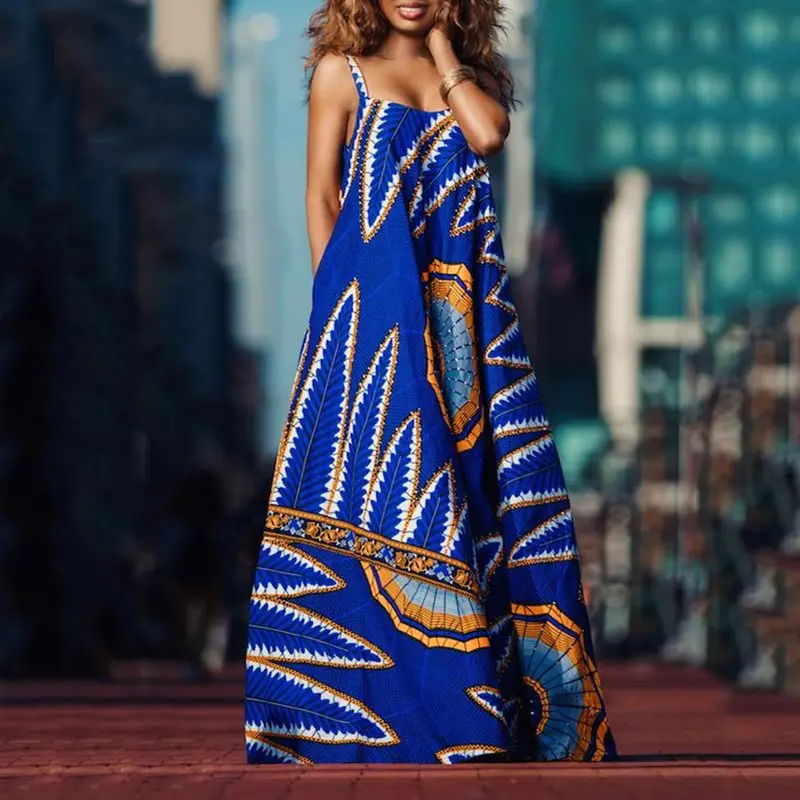 

Summer Boho Sexy Travel Beach Party Blue African Ethnic Women Long Dresses 2019 Casual Strapless Stripe Print Female Maxi Dress