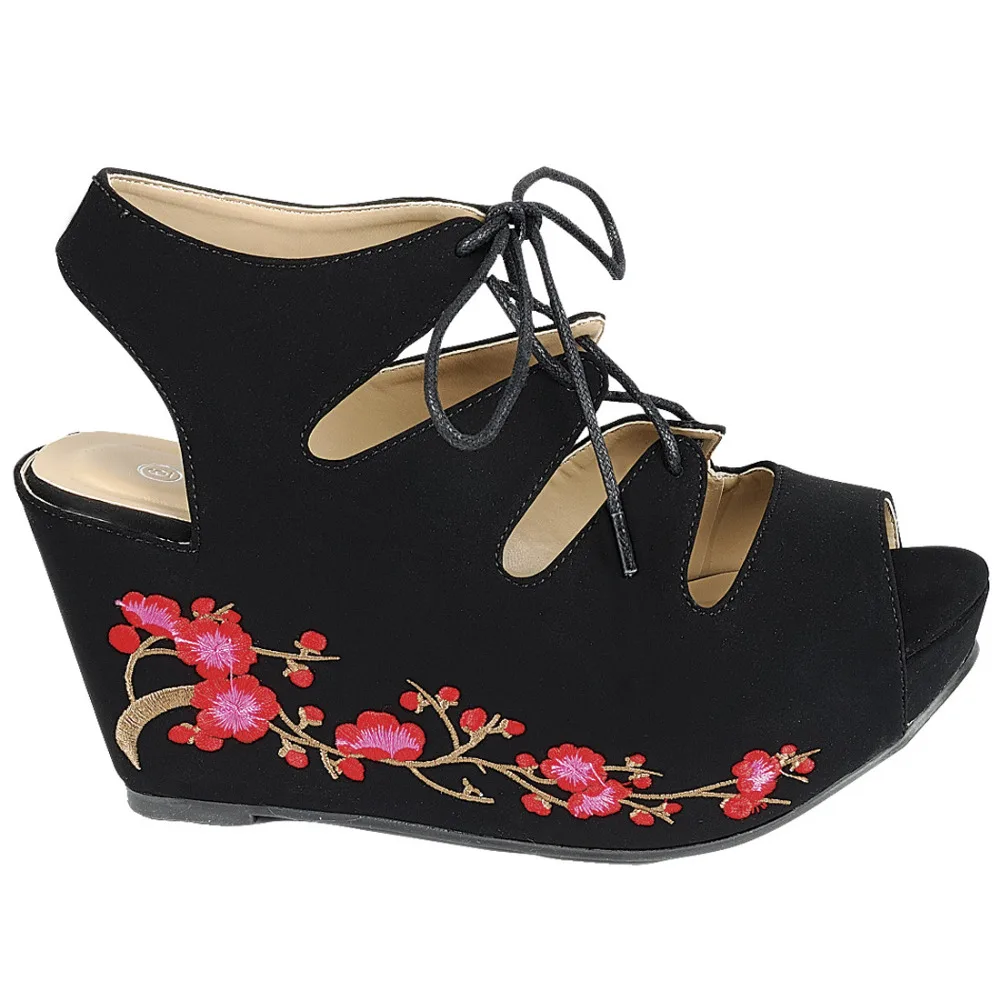 

IG00 Women's Shoes Lace Up Strappy Embroidery Platform Wedge Sandals