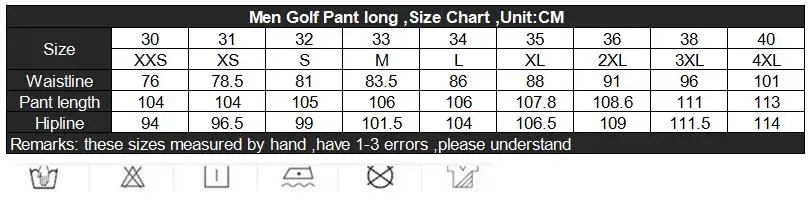 golf long pant ,size chart