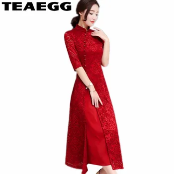 

TEAEGG Long Slim 2020 Summer Dress Women Lace Maxi Dress Plus Size 3XL High Quality Cheongsam Red Ladies Dresses Party AL901