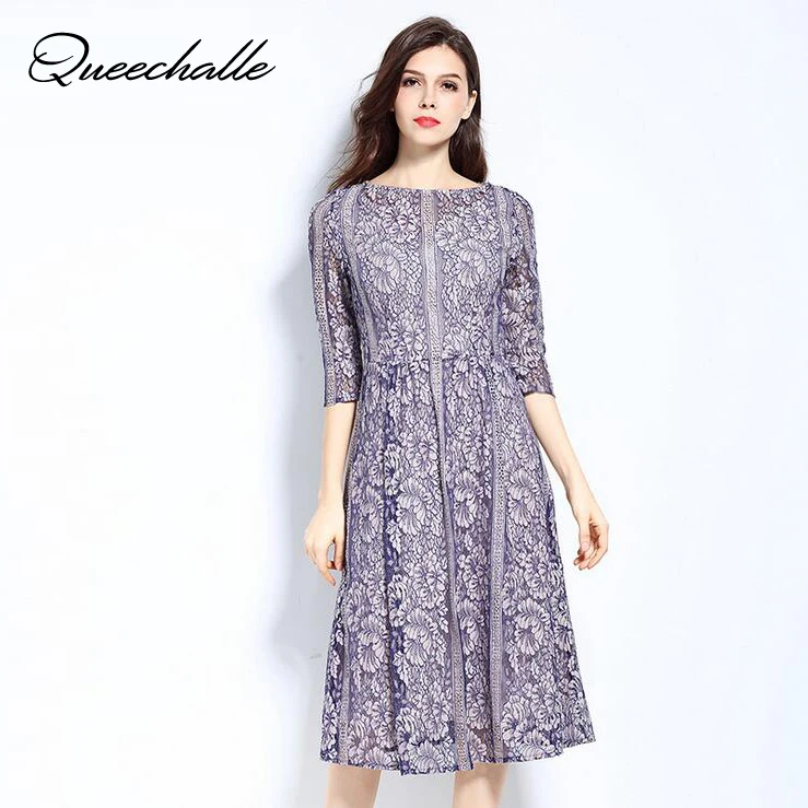 Blue Purple Color Chiffon Lace Dress Summer Dress Women 3/4 Sleeve Elegant High-waist Slim Dress 5XL Plus Size Vestidos