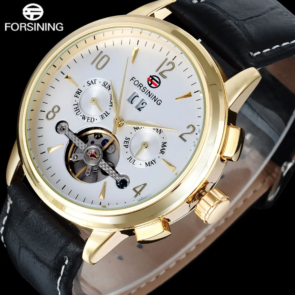 

FORSINING Brand Men Mechanical Watch Mens Simple Tourbillon Automatic Watches Leather Band Auto-Calendar Clock Relogio Masculino