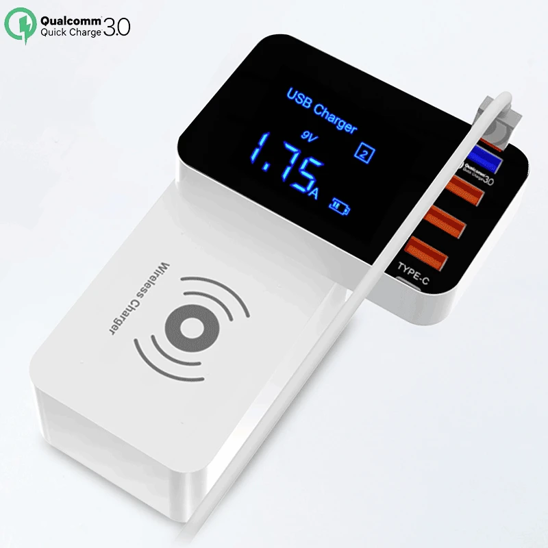 

QI Wireless Charger Quick Charge 3.0 Smart USB Type C Charger Station HUB LED Display Fast Charging Power Adapter Desktop Strip