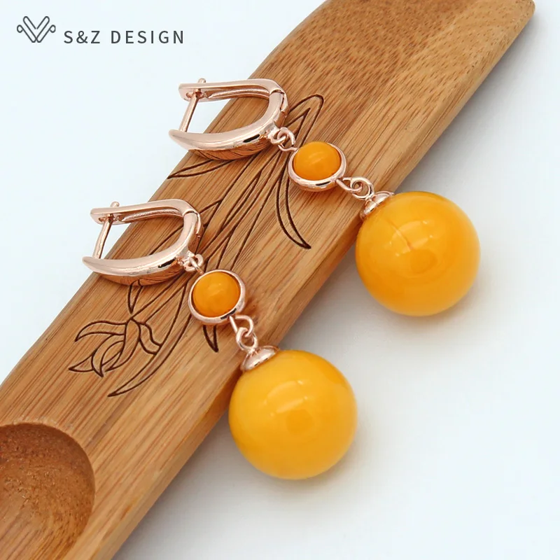 S&Z DESIGN New Round Simulated Beeswax Long Dangle Earrings Trendy 585 Rose Gold Color Eardrop For Women Wedding Party Jewelry