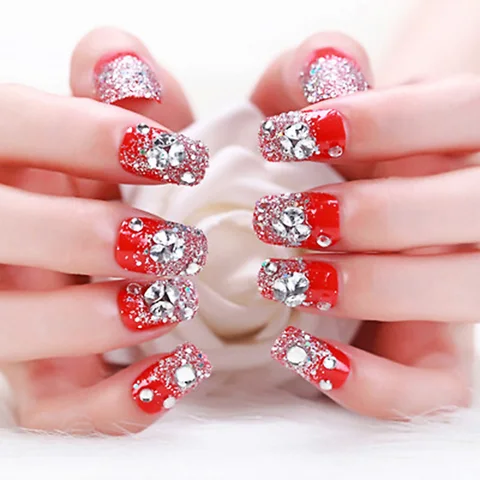 back with glue French Bride Full Cover Red False Nails pess on Rhinestones Crystal 3D Design Acrylic Fake Nail Tips