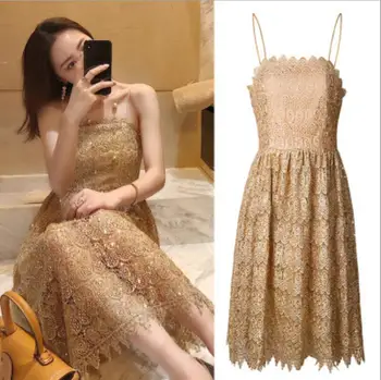 

Fashion high-end dress 2018 spring temperament high waist lace sequined dress Knee-Length dress
