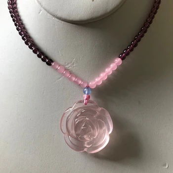 

Wholesale Pink Natural Chalcedony Pendant Peony Flower Blossoming Sweater Chain Necklace With Fine Bead Chain Crystal Jewelry