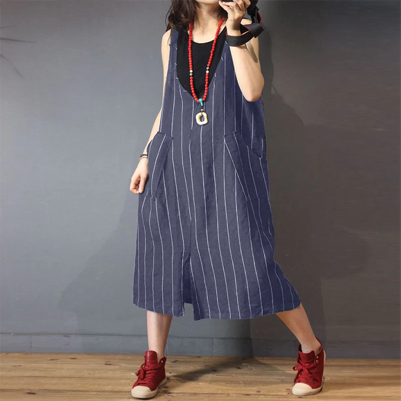 

Fashion Striped Dress ZANZEA 2019 Summer Women V Neck Sleeveless Backless Loose Casual Vestido Kaftan Overalls Sundress S-5XL