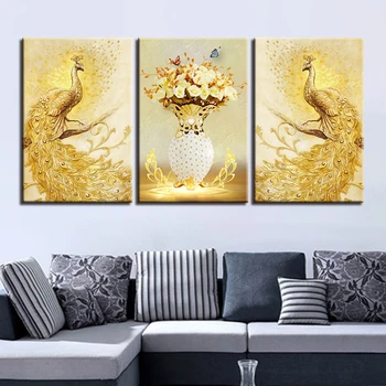 

Golden Peacock Couple And Flowers Paintings Home Decor Canvas Posters 3 Pieces HD Prints Pictures Living Room Wall Art Framework