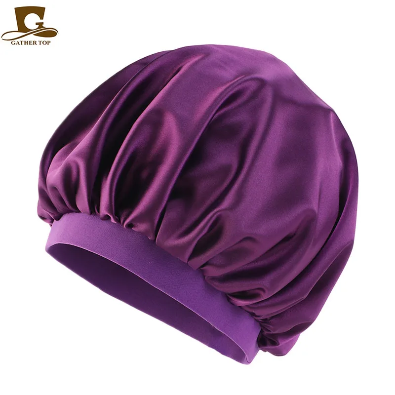 Новая женская шелковистая капот высокая эластичная лента для волос крышка Удобная Ночная шапочка для сна Женская Мягкая атласная шляпа аксессуары для волос - Цвет: Фиолетовый