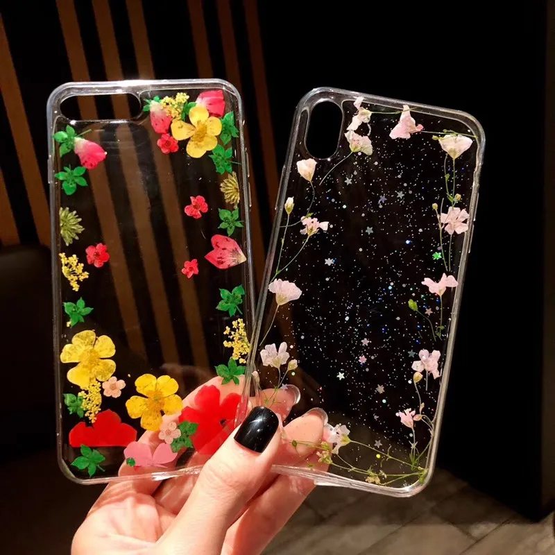 Real Dried Flowers Soft TPU Phone Case For iPhone X XR XS Max 6 6S 7 8 plus Silicone Cover Handmade Clear Pressed Case Coque New (1)