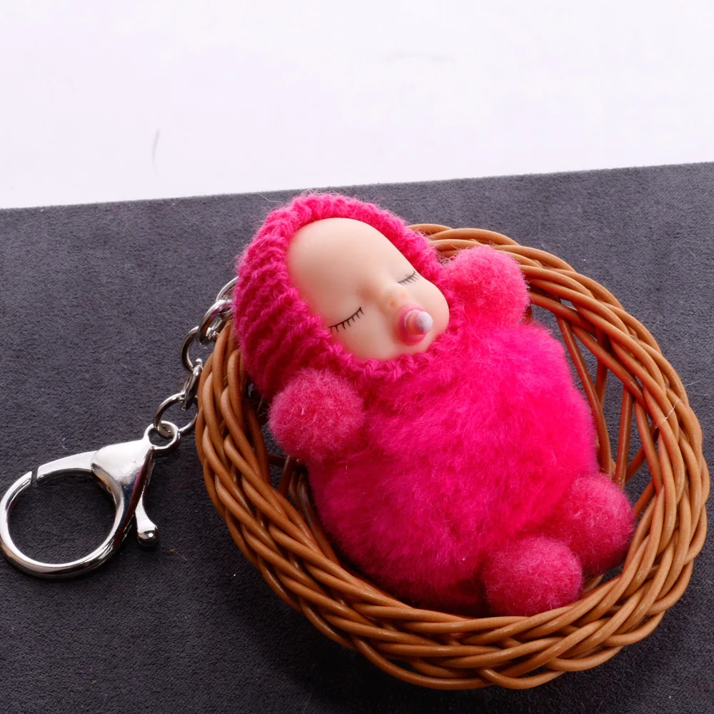 Cute Cradle Sleeping Baby Doll Pom pom Keychain Faux Rabbit Fur Ball
