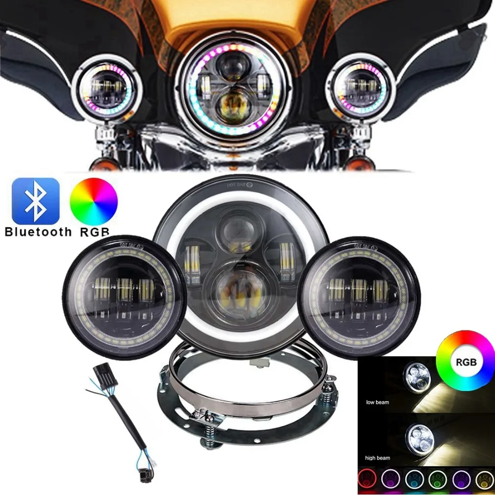 

7inch RGB for motor Moto LED Headlight with DRL+ 2x RGB 4.5" 30w Fog Light Passing Lamps Fit for motor Davidson Motorcycle