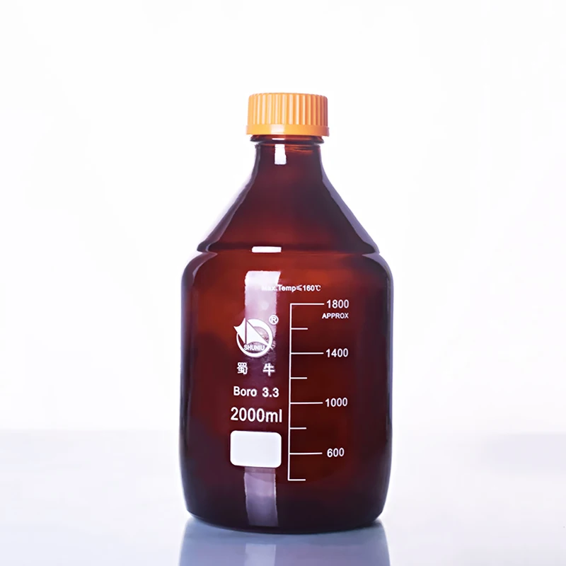 Коричневая бутылка реагента, с желтой крышкой винта, боросиликатное стекло 3,3, емкость 2000 мл, выпускной образец флаконы пластиковая крышка
