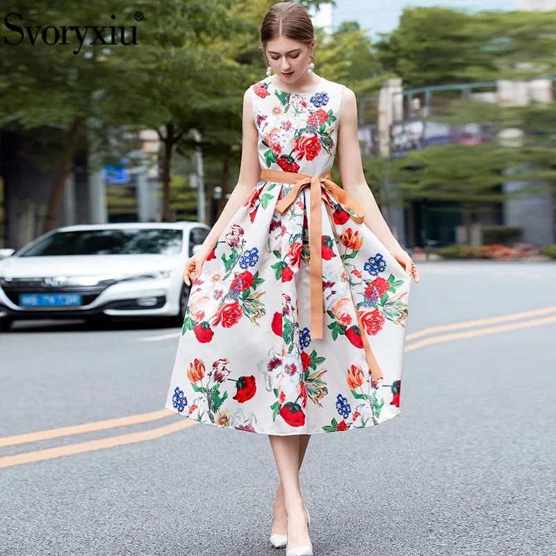 

Svoryxiu Fashion Runway Summer Tank Dress Women's High Quality Beading Flower Print Elegant Party Ball Gown Dresses Vestdios
