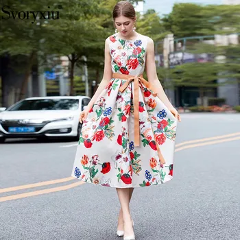 

Svoryxiu Fashion Runway Summer Tank Dress Women's High Quality Beading Flower Print Elegant Party Ball Gown Dresses Vestdios