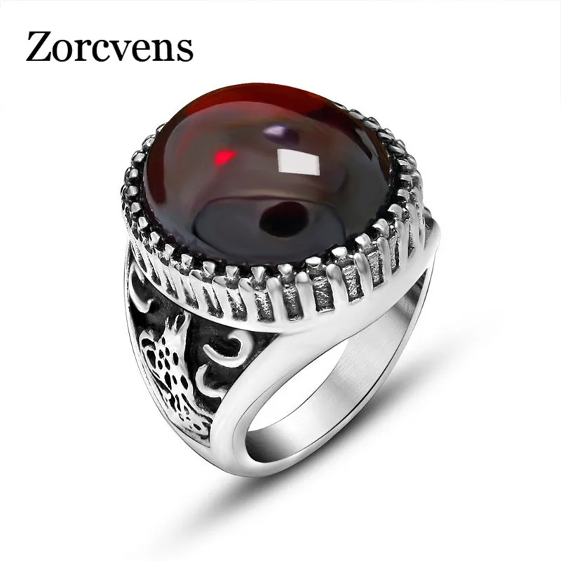 Modyle Vintage Design Black Red Stone Mens Ring Stainless Steel Punk Jewelry Big Stone Rings for Men Never Fade