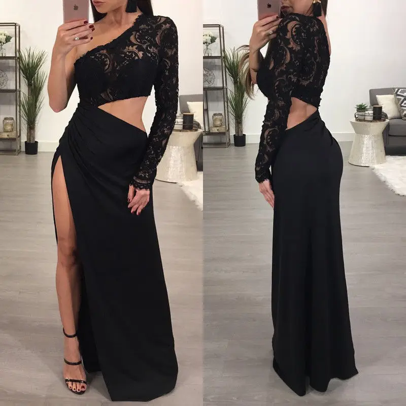 

Women Summer Fashion Lace Long Sleeve Black Solid Empire Evening Party Dresses S-XL