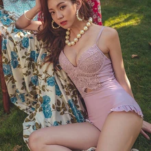 Сексуальные женские Монокини Купальники крючком кружева цельный купальный Холтер ремни бикини с вырезом Цельный купальный костюм пуш-ап розовый