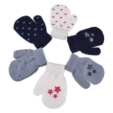 Детские зимние теплые вязаные варежки со звездами и сердечками, утолщенные перчатки для запястья