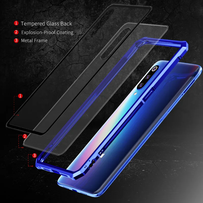 OMEVE for Xiaomi Mi 9 Case Mi9 Explorer Case Anti-explosion Tempered Glass Back Cover Alloy Metal Frame Bumper for Xiaomi9 Funda