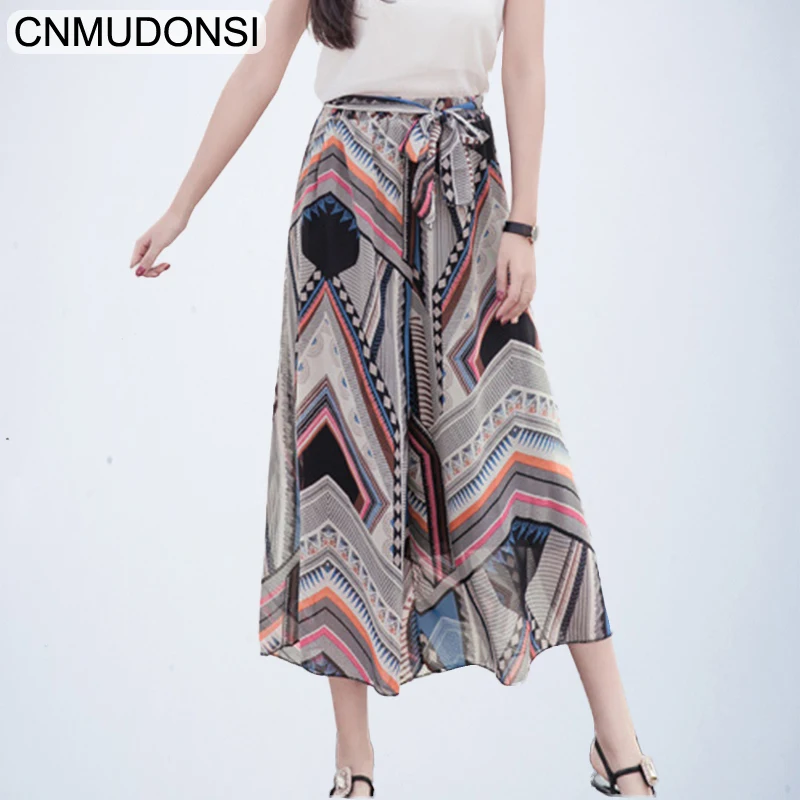 

New Summer Pant 2018 Women Print Floral Wide Leg Pants Skirt Loose Bohemian Casual Nine Points Elastic High Waist Chiffon Pants