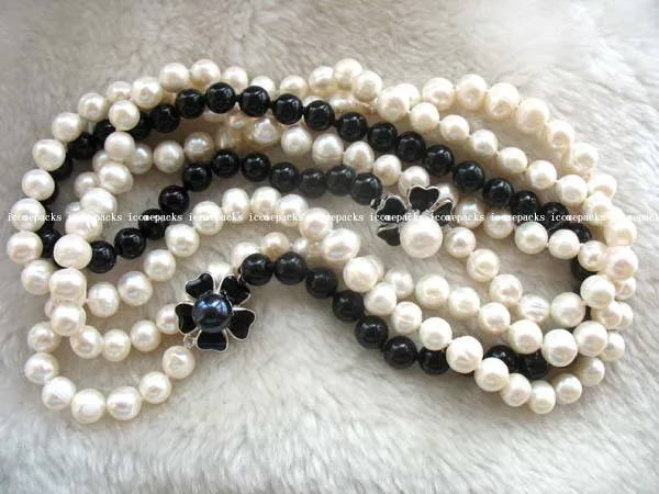 

wholesale 7-8mm freshwater pearl round black agate necklace 60