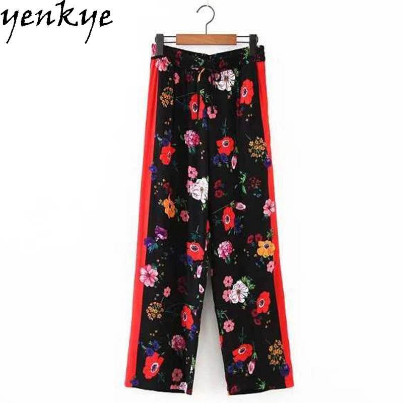 Summer 2017 Vintage Black Floral Printed Pants Elastic