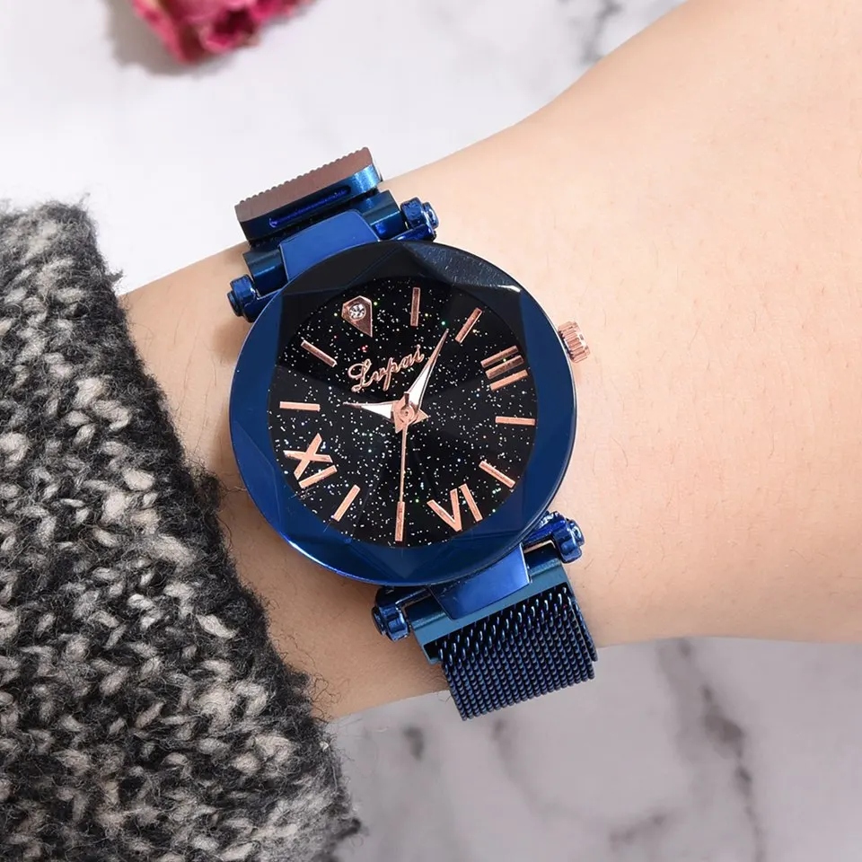 Лучшие продажи модные женские сетчатые магнитные часы с пряжкой звездное небо роскошные женские Геометрические поверхности кварцевые часы Relogio Feminino