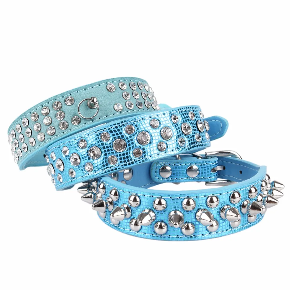 Blue Big Dogs Collars Spiked Rhinestone Animals Supplies For Cat Pet