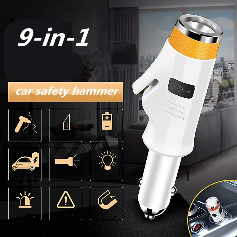 

New 9-in-1 car safety hammer 120dB buzzer alarm USB mobile power fast charger car interior atmosphere lamp portable flashlight