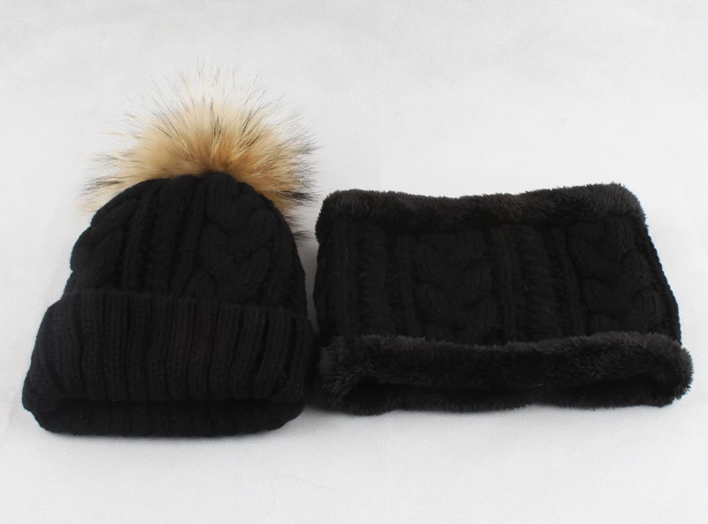 Зимняя шапка для мужчин, флисовая подкладка, вязаная шапка, шарф, набор, настоящая шапка с меховым помпоном, шапка, комплект из двух предметов