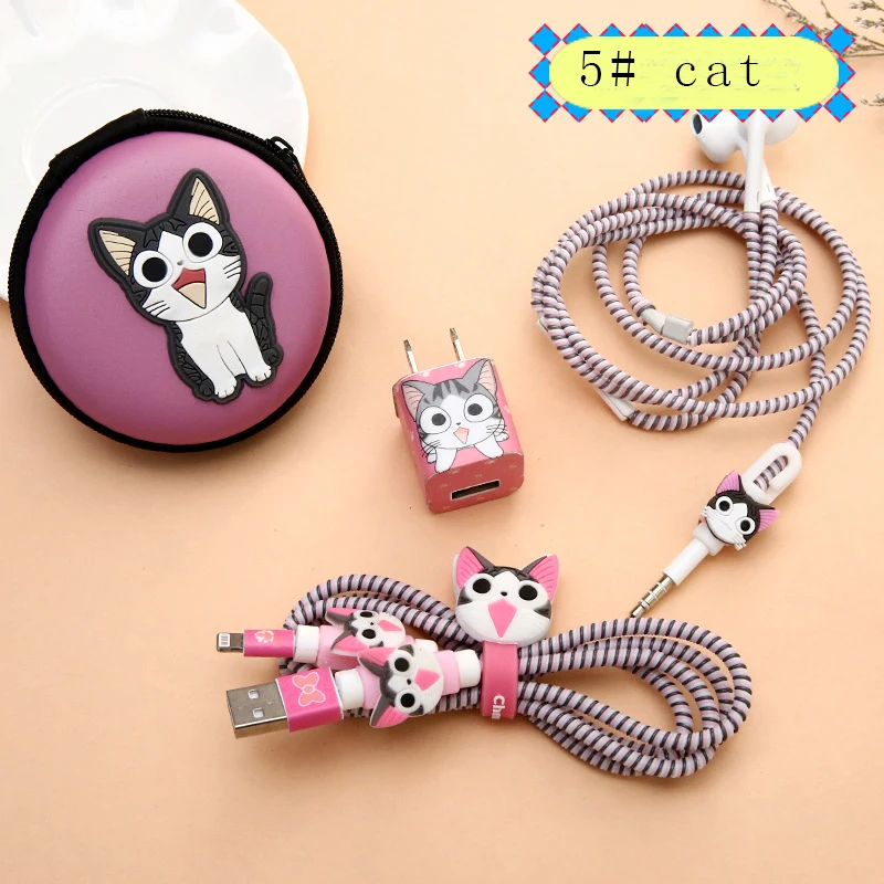RACAHOO Cartoon USB Cable Earphone Protector Case Set With Cable Winder Stickers Spiral Cord Protector For iphone 5 6 6s 7plus5