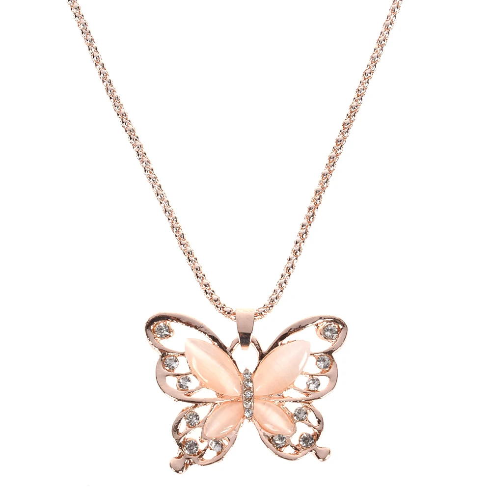 

Rose Gold Opal Butterfly Pendant Necklace Crystal Hollow Long Necklace Women Fashion Lady Sweater Chain Gift Charm Necklace