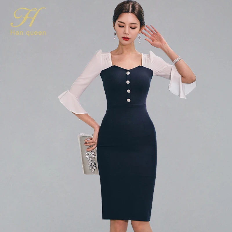 

H Han Queen Women 2019 Spring Elegant Patchwork Pencil Dress Flare Sleeve Buttons Bodycon Dresses OL Wear To Work Party Vestidos